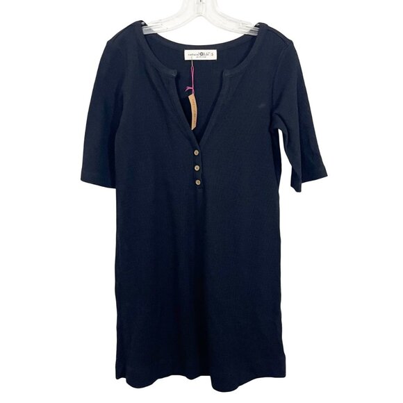 NEW Natural Life Easy Street Mini Dress Henley T-Shirt Black Waffle Knit SMALL - Picture 1 of 6